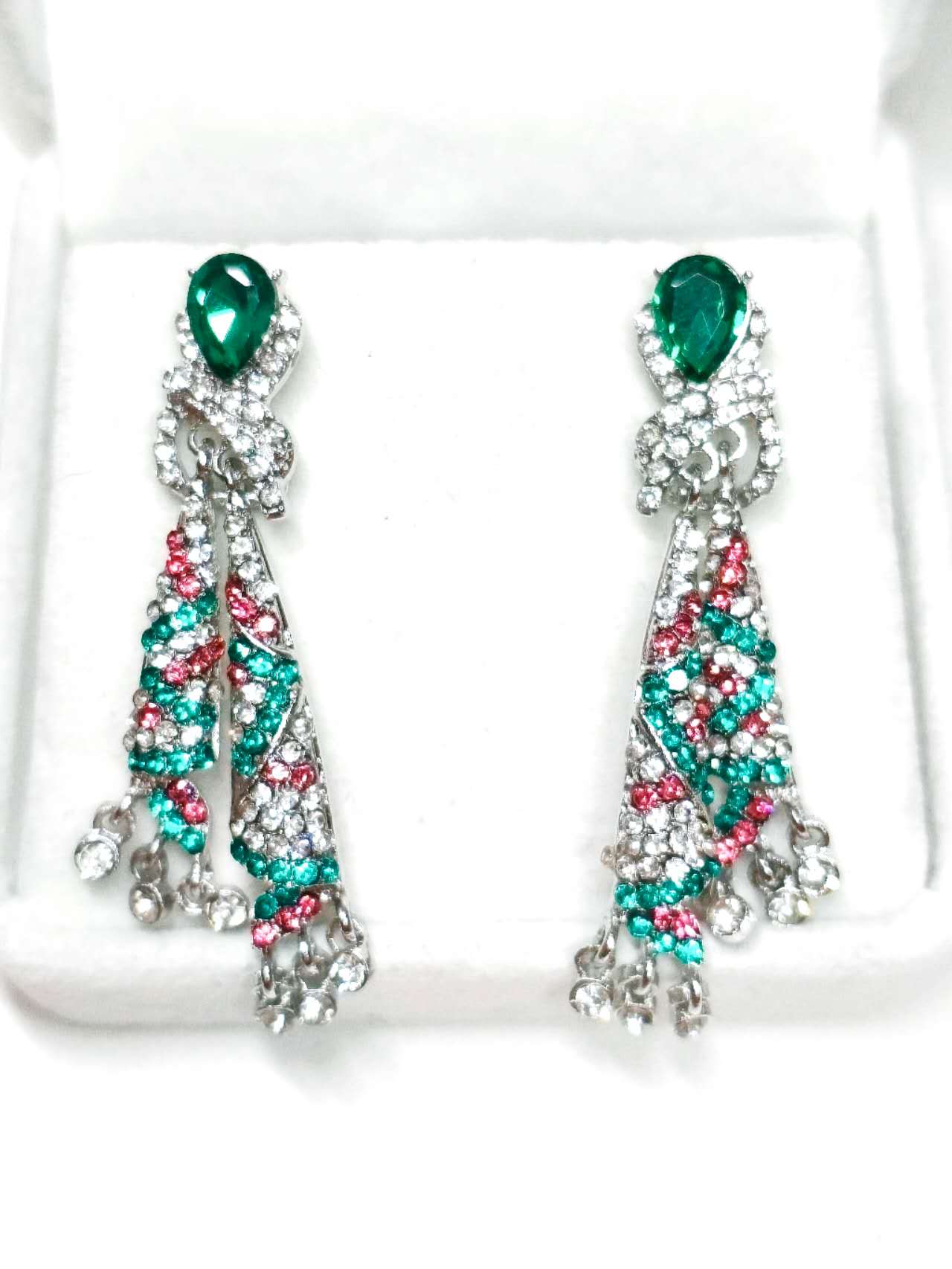 Vintage Multicolor Crystal Tassel Drop Earrings, Emerald & Ruby Accents, Silver Plated Hypoallergenic
