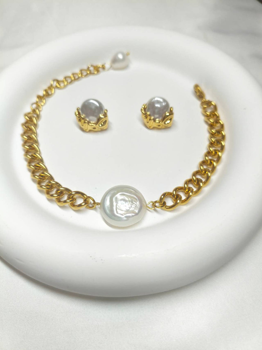 2Pcs Stainless Steel Baroque Pearl Jewelry Set, Gold Plated Bracelet & Stud Earrings