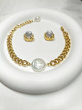 2Pcs Stainless Steel Baroque Pearl Jewelry Set, Gold Plated Bracelet & Stud Earrings