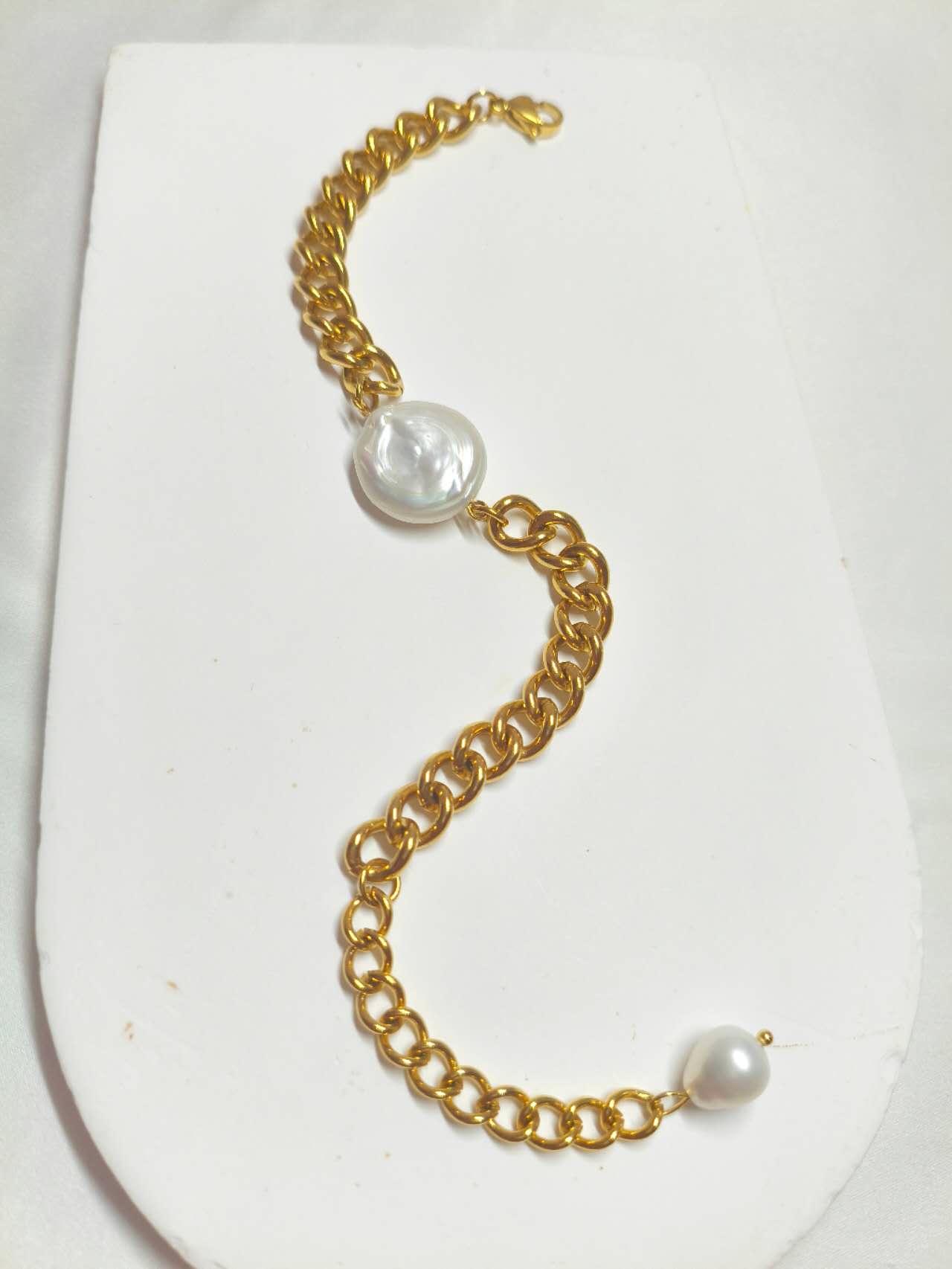 2Pcs Stainless Steel Baroque Pearl Jewelry Set, Gold Plated Bracelet & Stud Earrings