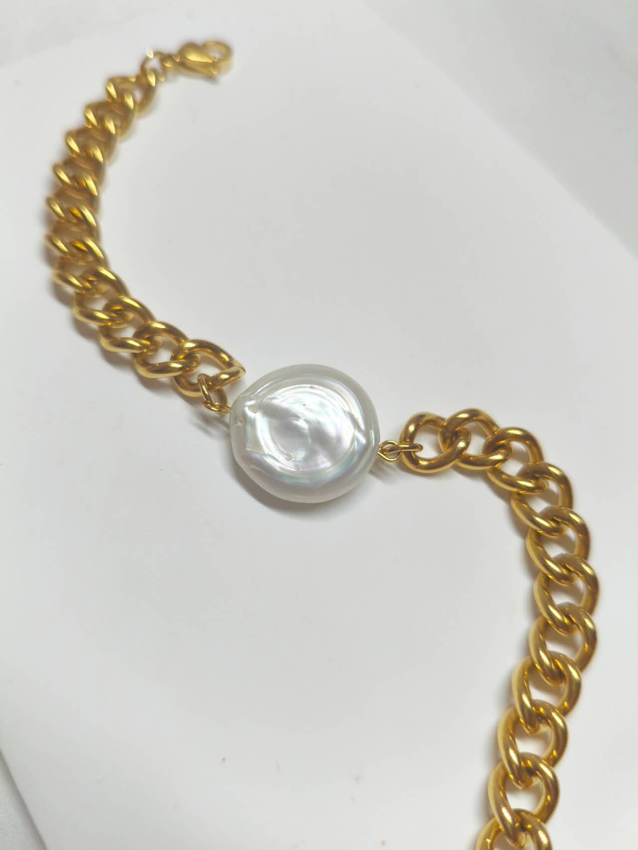 2Pcs Stainless Steel Baroque Pearl Jewelry Set, Gold Plated Bracelet & Stud Earrings