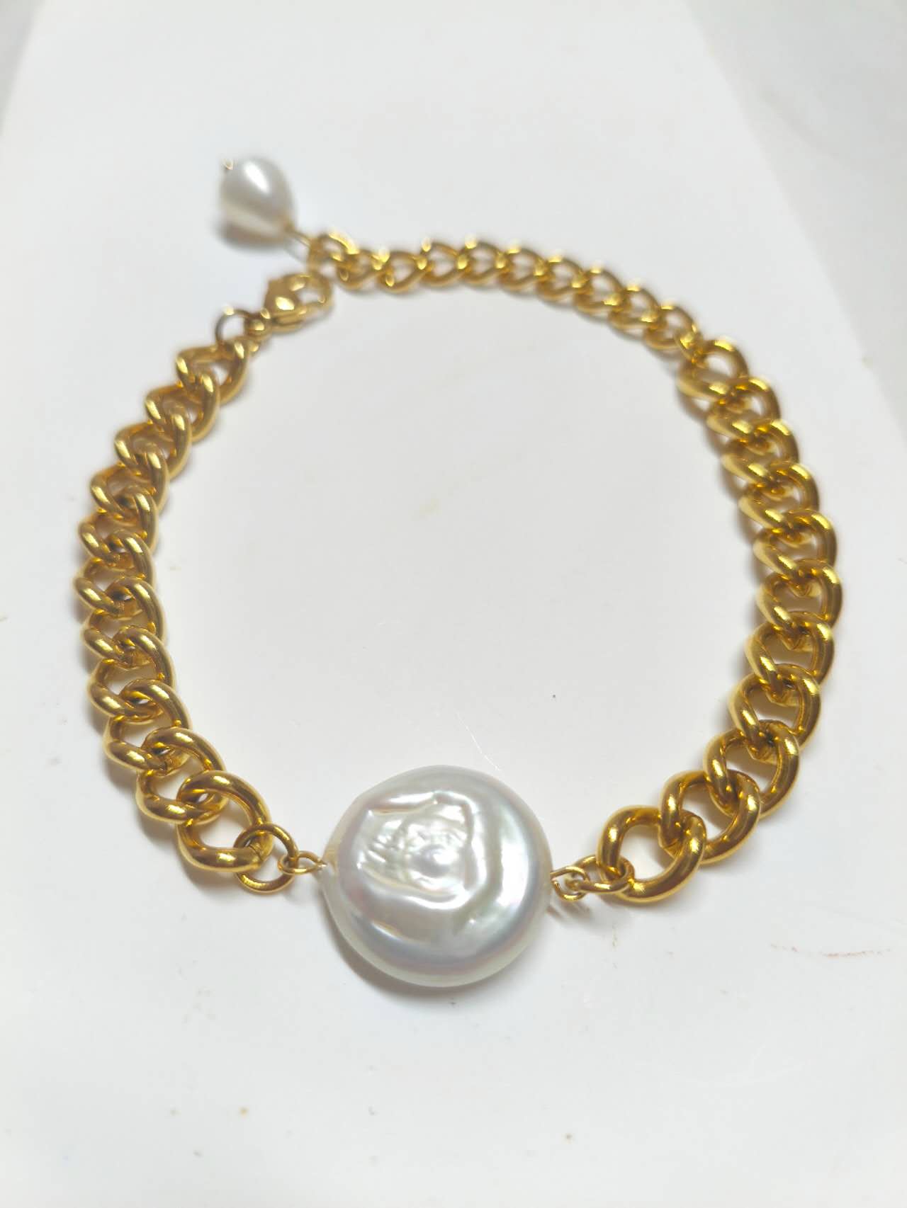 2Pcs Stainless Steel Baroque Pearl Jewelry Set, Gold Plated Bracelet & Stud Earrings