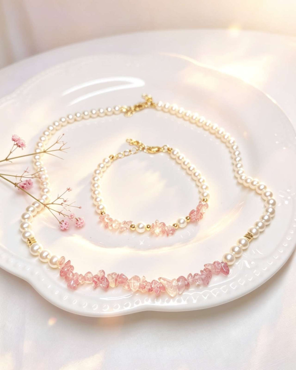 2Pcs Natural Pink Strawberry Quartz & Pearl Jewelry Set, Dainty Necklace Bracelet Set Gold Plated