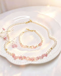 2Pcs Natural Pink Strawberry Quartz & Pearl Jewelry Set, Dainty Necklace Bracelet Set Gold Plated