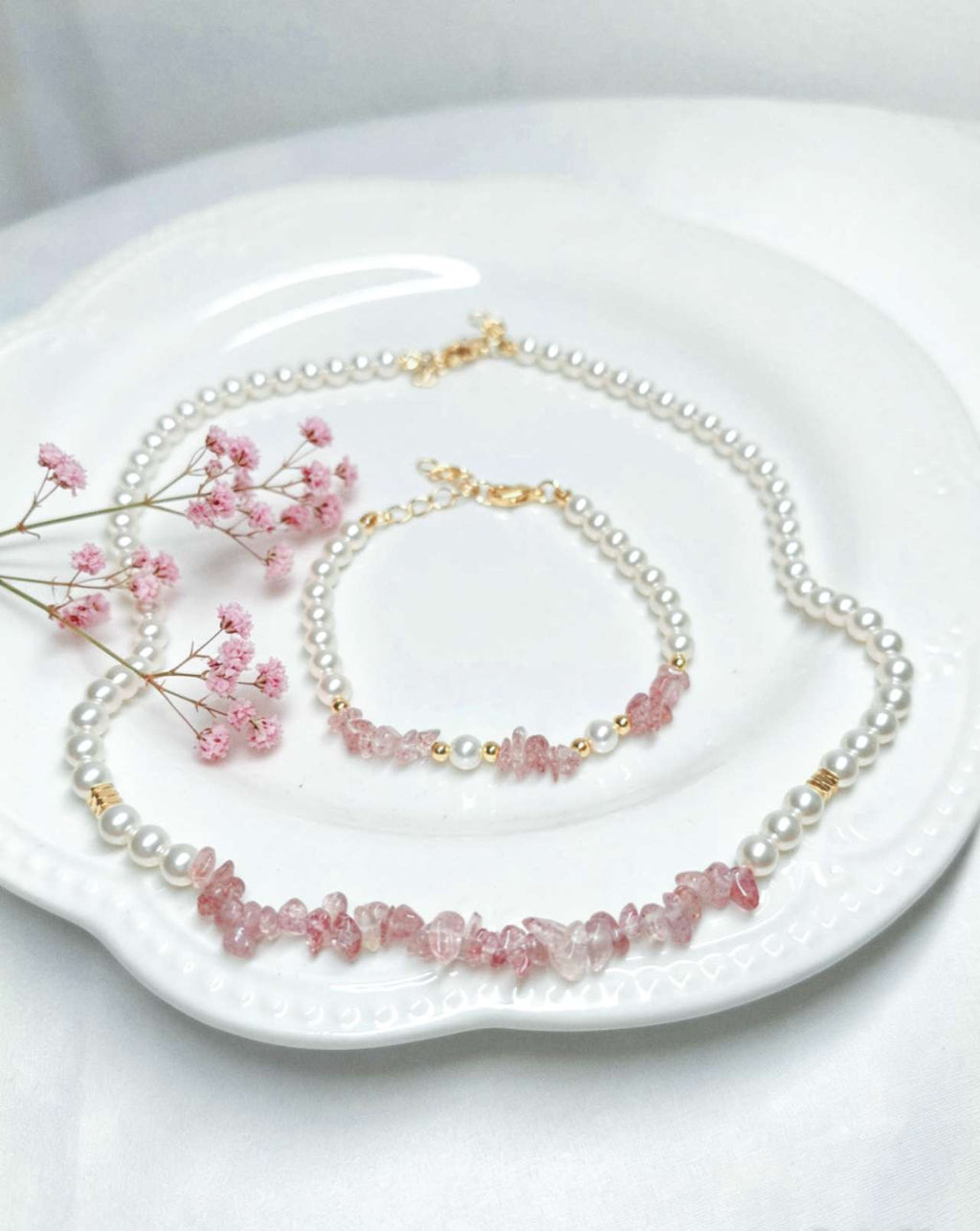 2Pcs Natural Pink Strawberry Quartz & Pearl Jewelry Set, Dainty Necklace Bracelet Set Gold Plated