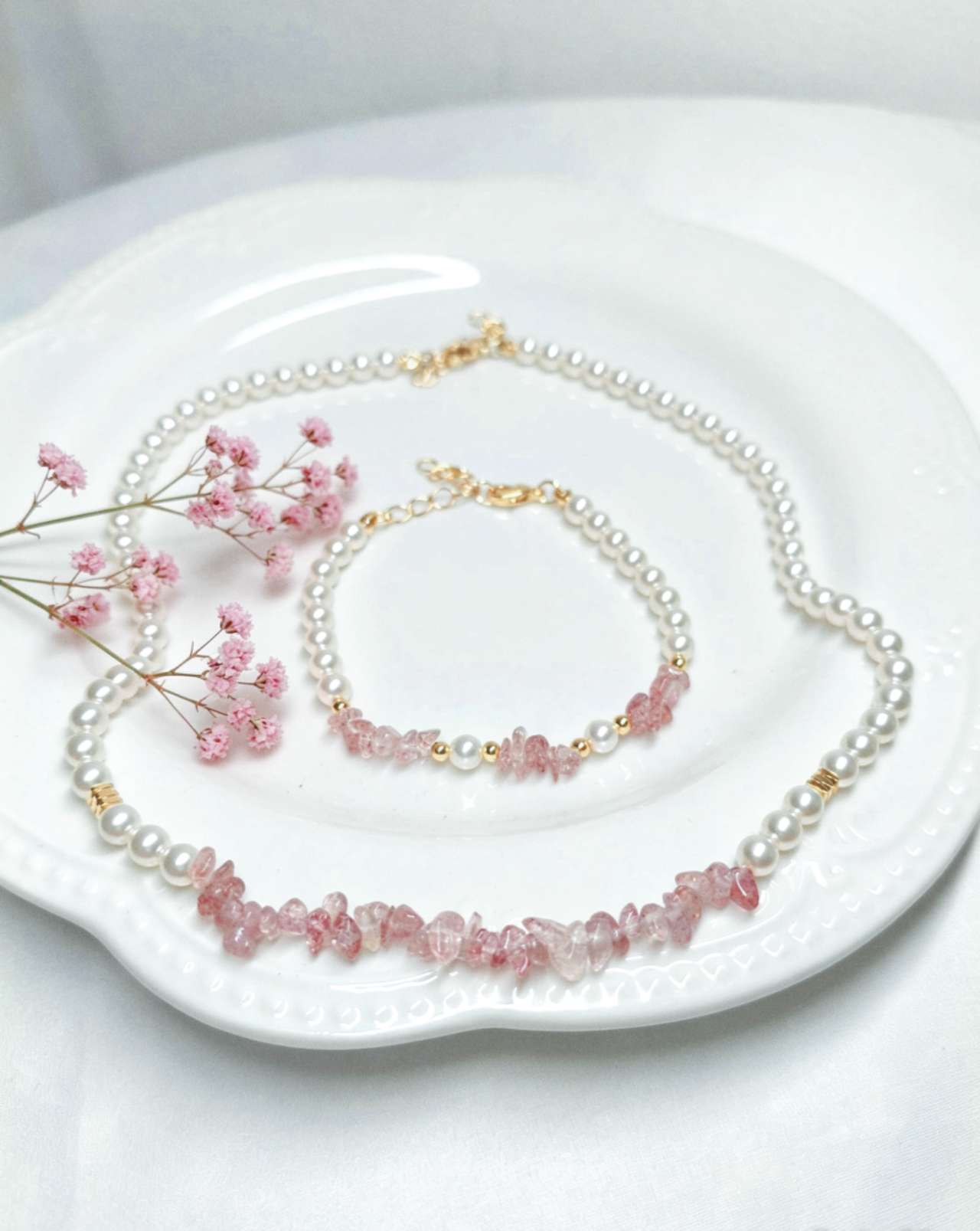 2Pcs Natural Pink Strawberry Quartz & Pearl Jewelry Set, Dainty Necklace Bracelet Set Gold Plated
