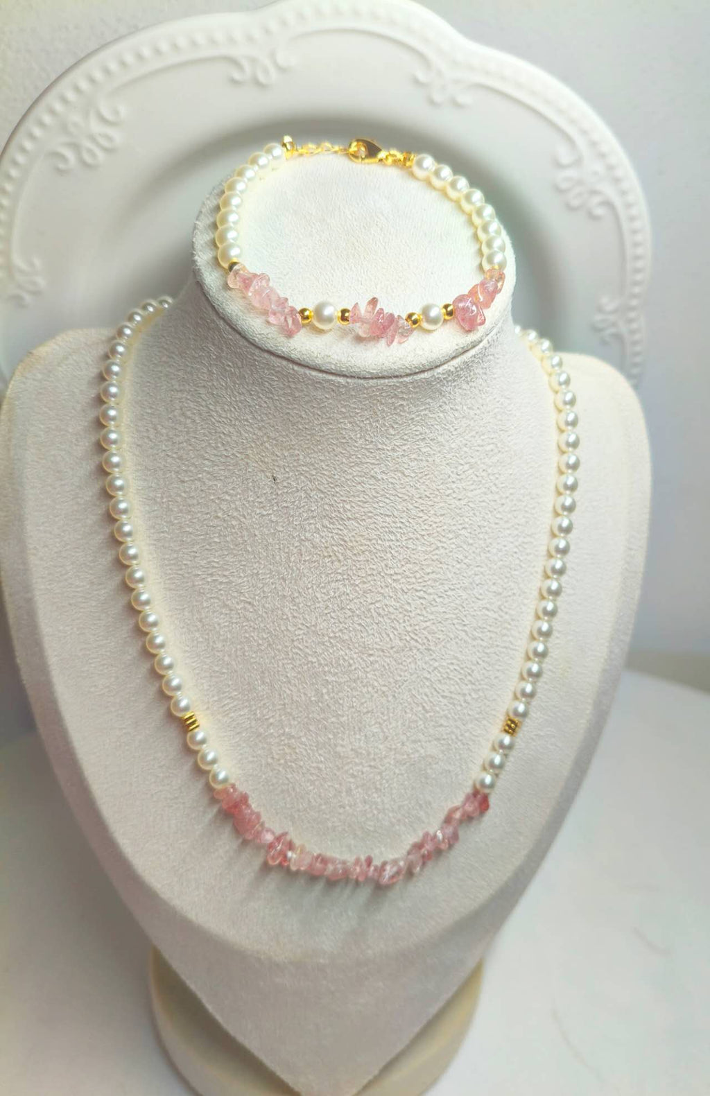 2Pcs Natural Pink Strawberry Quartz & Pearl Jewelry Set, Dainty Necklace Bracelet Set Gold Plated