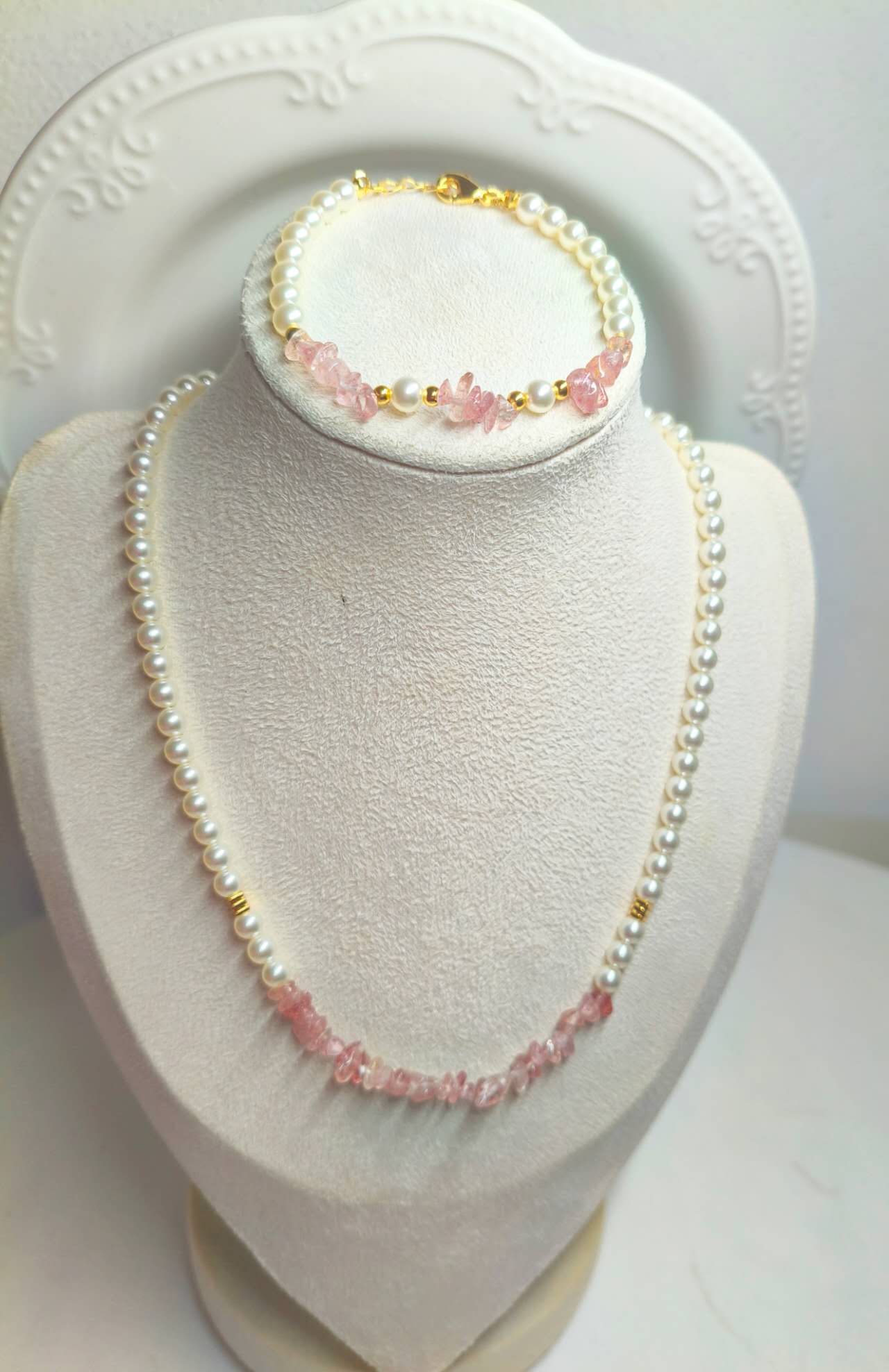 2Pcs Natural Pink Strawberry Quartz & Pearl Jewelry Set, Dainty Necklace Bracelet Set Gold Plated