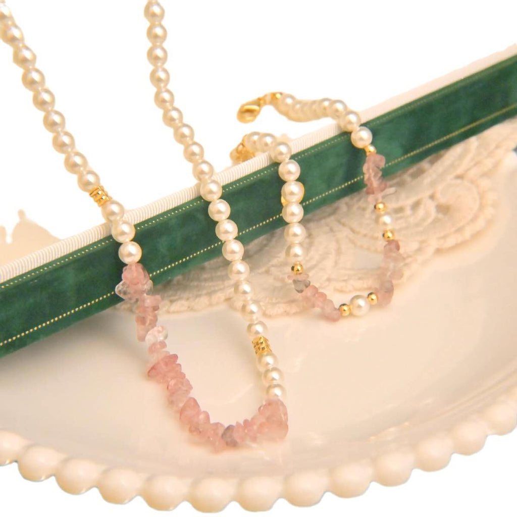 2Pcs Natural Pink Strawberry Quartz & Pearl Jewelry Set, Dainty Necklace Bracelet Set Gold Plated