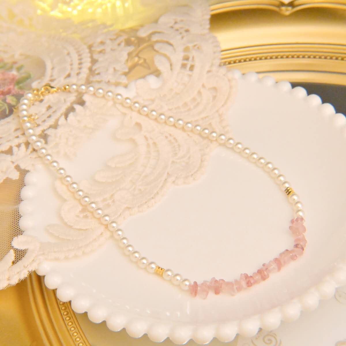 2Pcs Natural Pink Strawberry Quartz & Pearl Jewelry Set, Dainty Necklace Bracelet Set Gold Plated