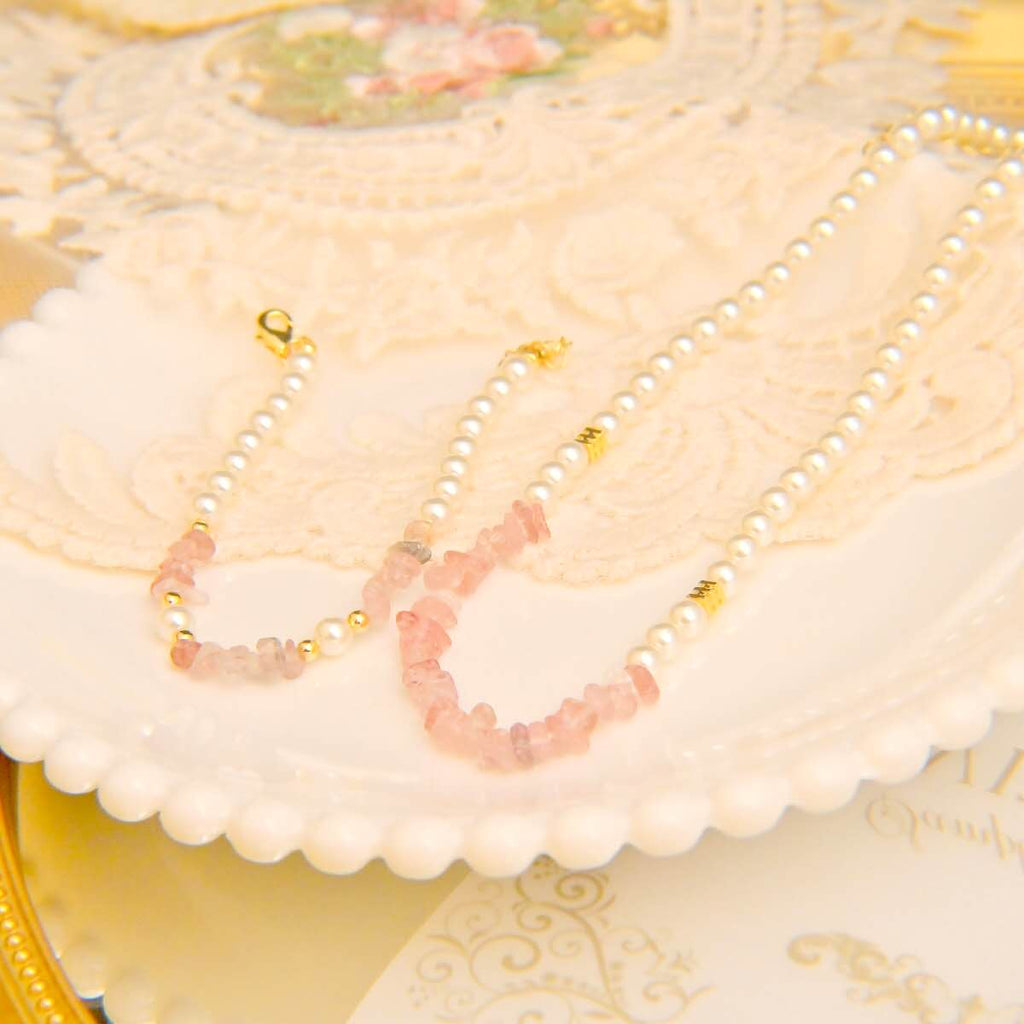 2Pcs Natural Pink Strawberry Quartz & Pearl Jewelry Set, Dainty Necklace Bracelet Set Gold Plated
