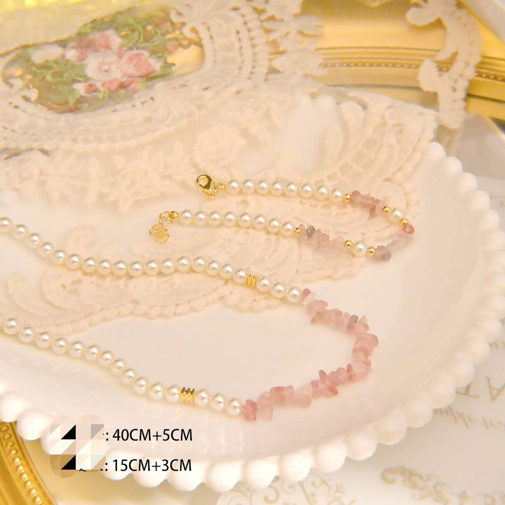 2Pcs Natural Pink Strawberry Quartz & Pearl Jewelry Set, Dainty Necklace Bracelet Set Gold Plated