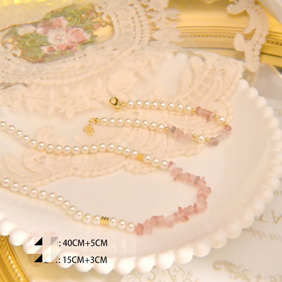 2Pcs Natural Pink Strawberry Quartz & Pearl Jewelry Set, Dainty Necklace Bracelet Set Gold Plated