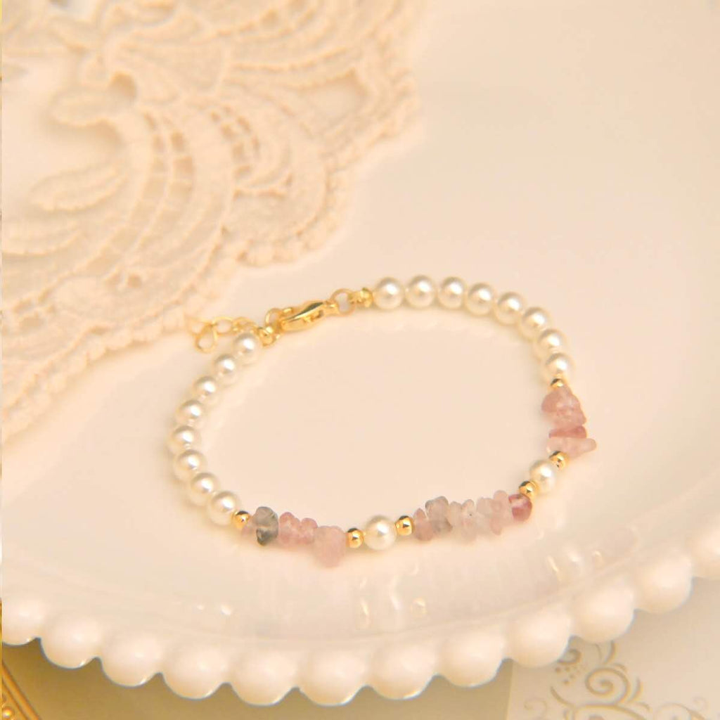 2Pcs Natural Pink Strawberry Quartz & Pearl Jewelry Set, Dainty Necklace Bracelet Set Gold Plated