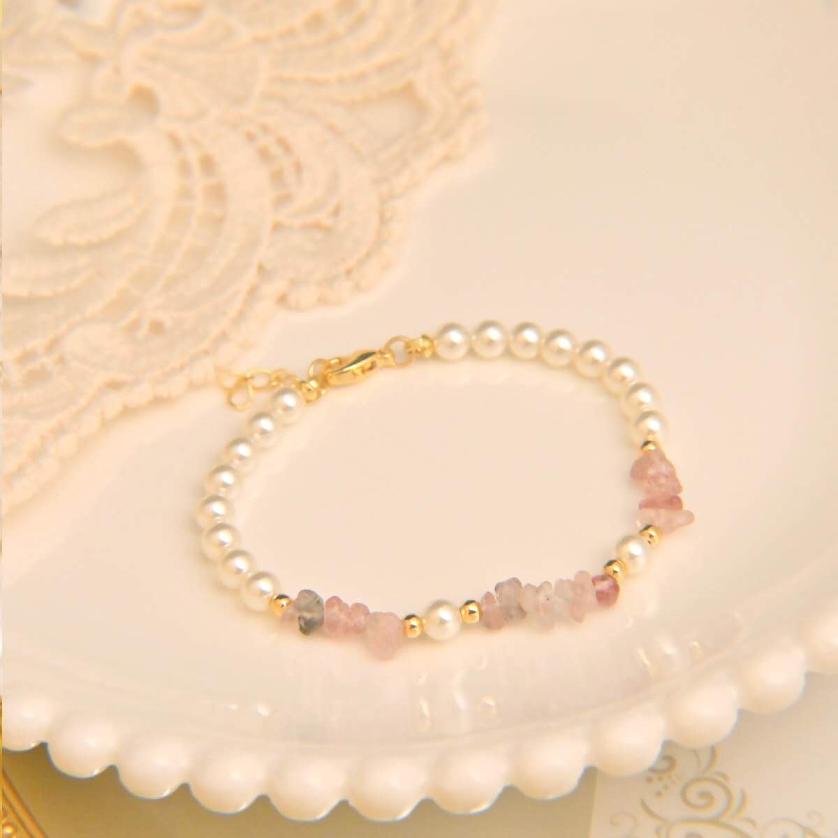 2Pcs Natural Pink Strawberry Quartz & Pearl Jewelry Set, Dainty Necklace Bracelet Set Gold Plated