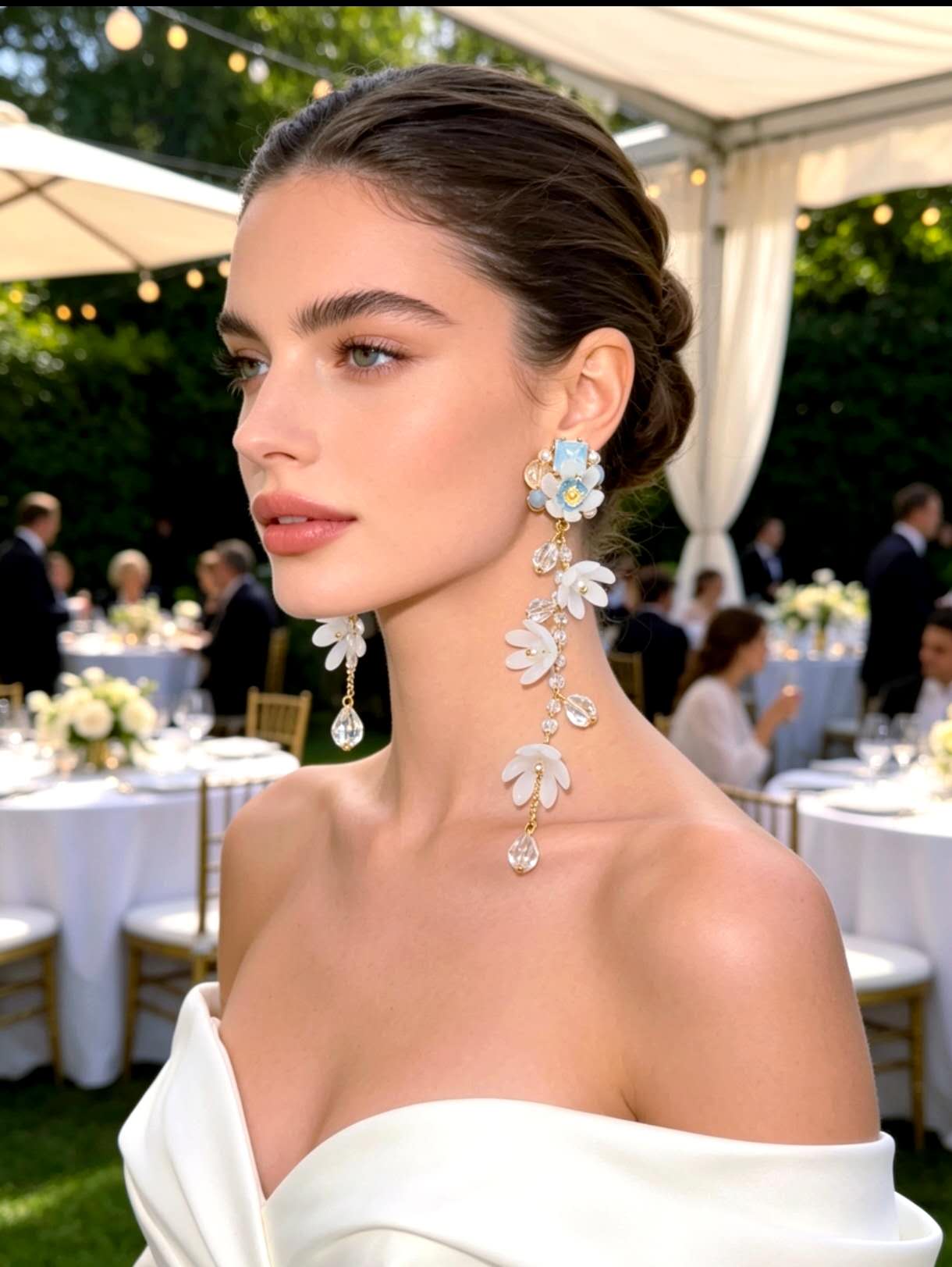 13CM Long White Frosted Flower Crystal Tassel Drop Earrings, Gold Plated Hypoallergenic Dangle Earrings Bridal Wedding Party Bohemian Jewelry