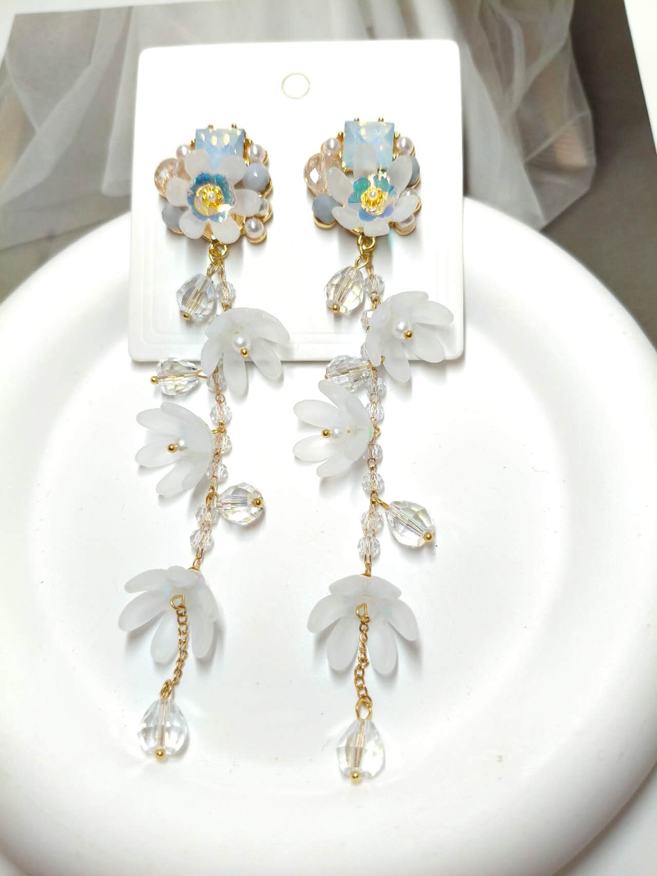 13CM Long White Frosted Flower Crystal Tassel Drop Earrings, Gold Plated Hypoallergenic Dangle Earrings Bridal Wedding Party Bohemian Jewelry