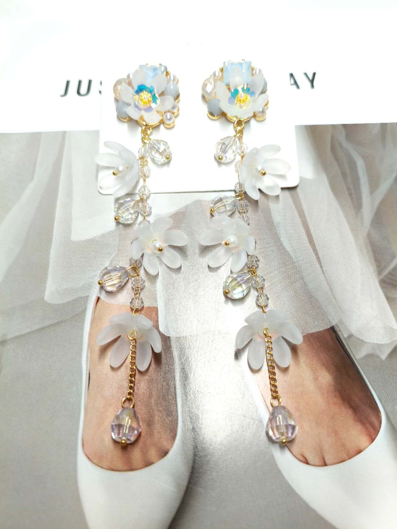 13CM Long White Frosted Flower Crystal Tassel Drop Earrings, Gold Plated Hypoallergenic Dangle Earrings Bridal Wedding Party Bohemian Jewelry