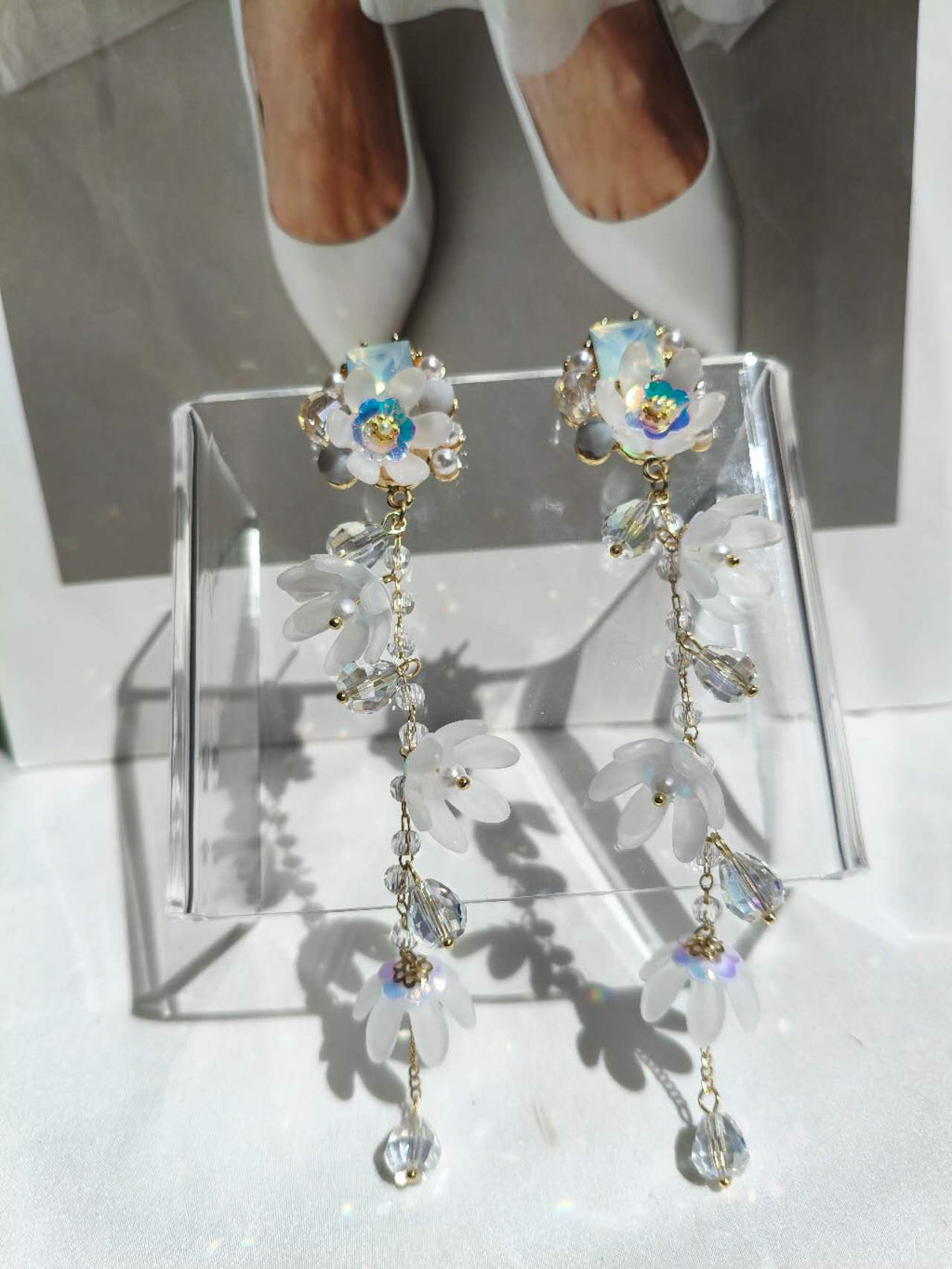 13CM Long White Frosted Flower Crystal Tassel Drop Earrings, Gold Plated Hypoallergenic Dangle Earrings Bridal Wedding Party Bohemian Jewelry