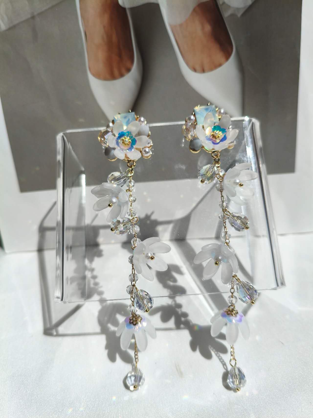 13CM Long White Frosted Flower Crystal Tassel Drop Earrings, Gold Plated Hypoallergenic Dangle Earrings Bridal Wedding Party Bohemian Jewelry