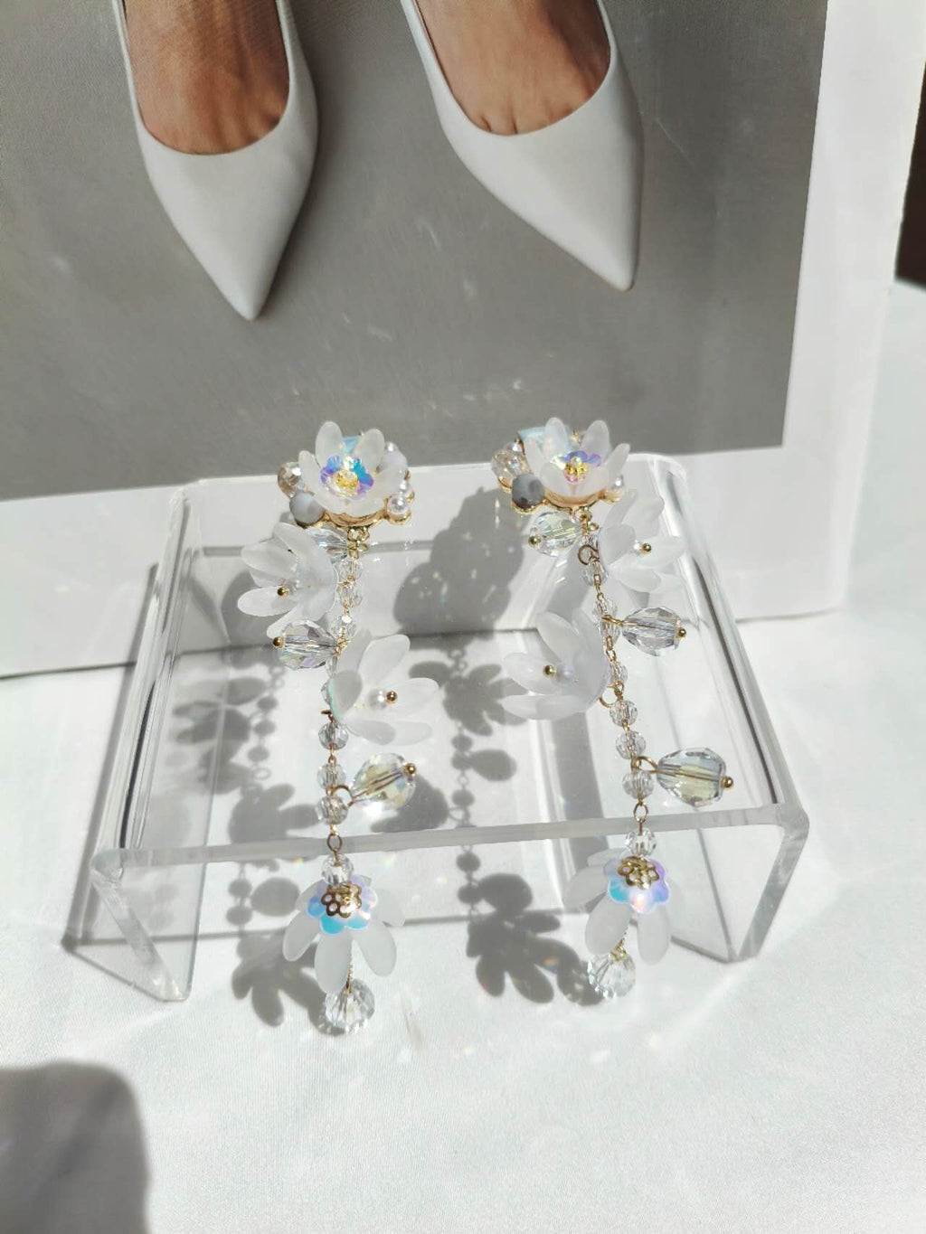 13CM Long White Frosted Flower Crystal Tassel Drop Earrings, Gold Plated Hypoallergenic Dangle Earrings Bridal Wedding Party Bohemian Jewelry