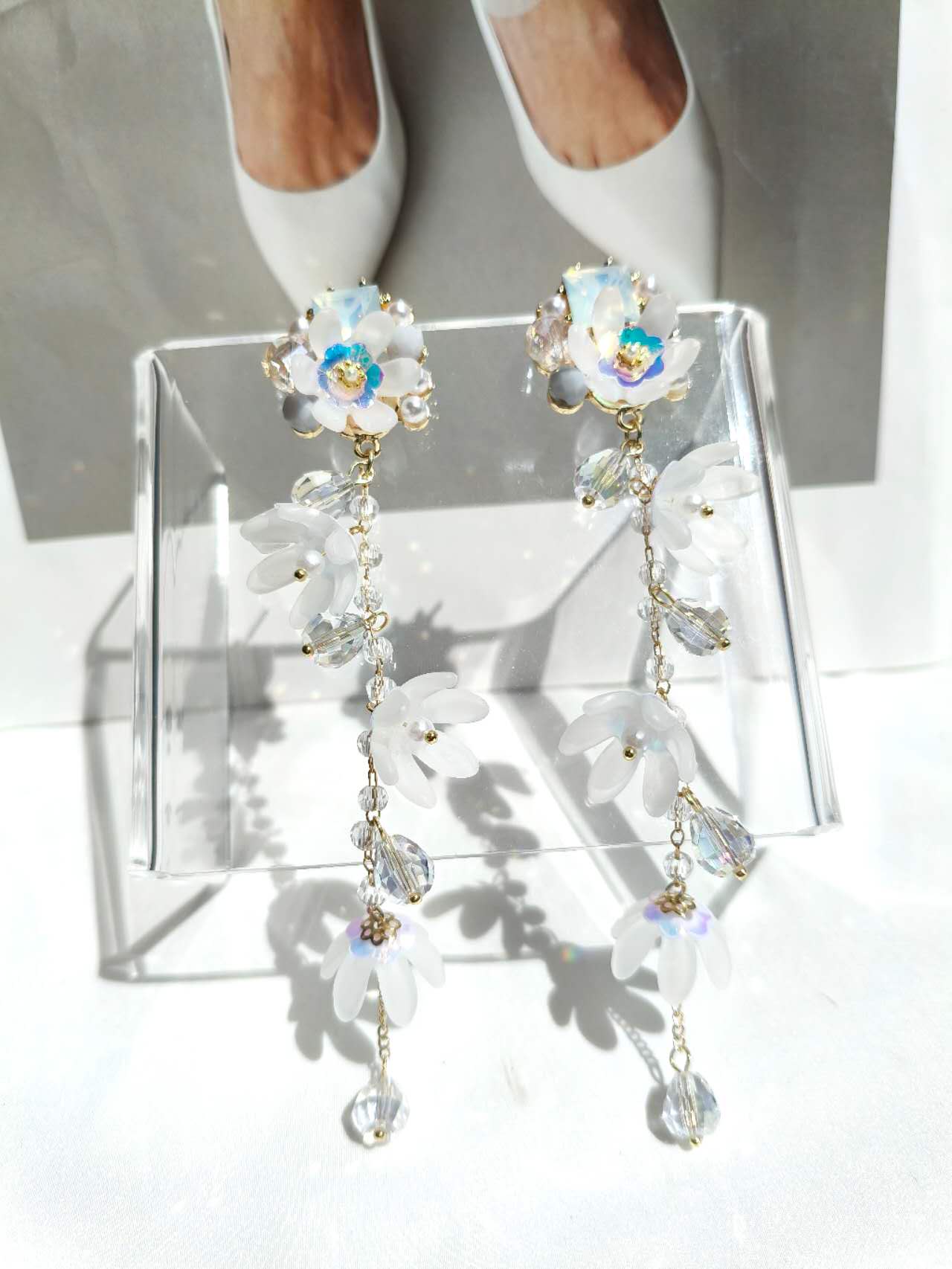 13CM Long White Frosted Flower Crystal Tassel Drop Earrings, Gold Plated Hypoallergenic Dangle Earrings Bridal Wedding Party Bohemian Jewelry