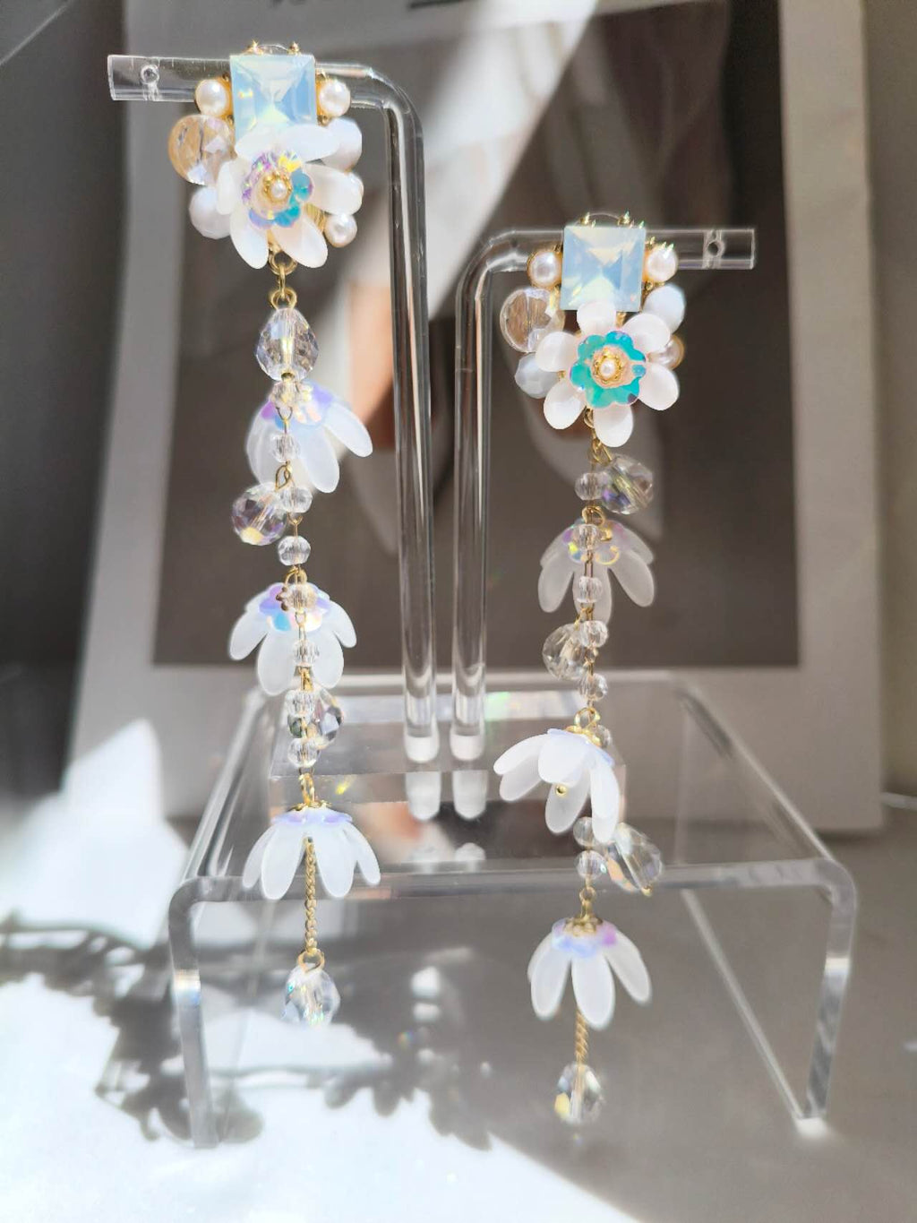 13CM Long White Frosted Flower Crystal Tassel Drop Earrings, Gold Plated Hypoallergenic Dangle Earrings Bridal Wedding Party Bohemian Jewelry
