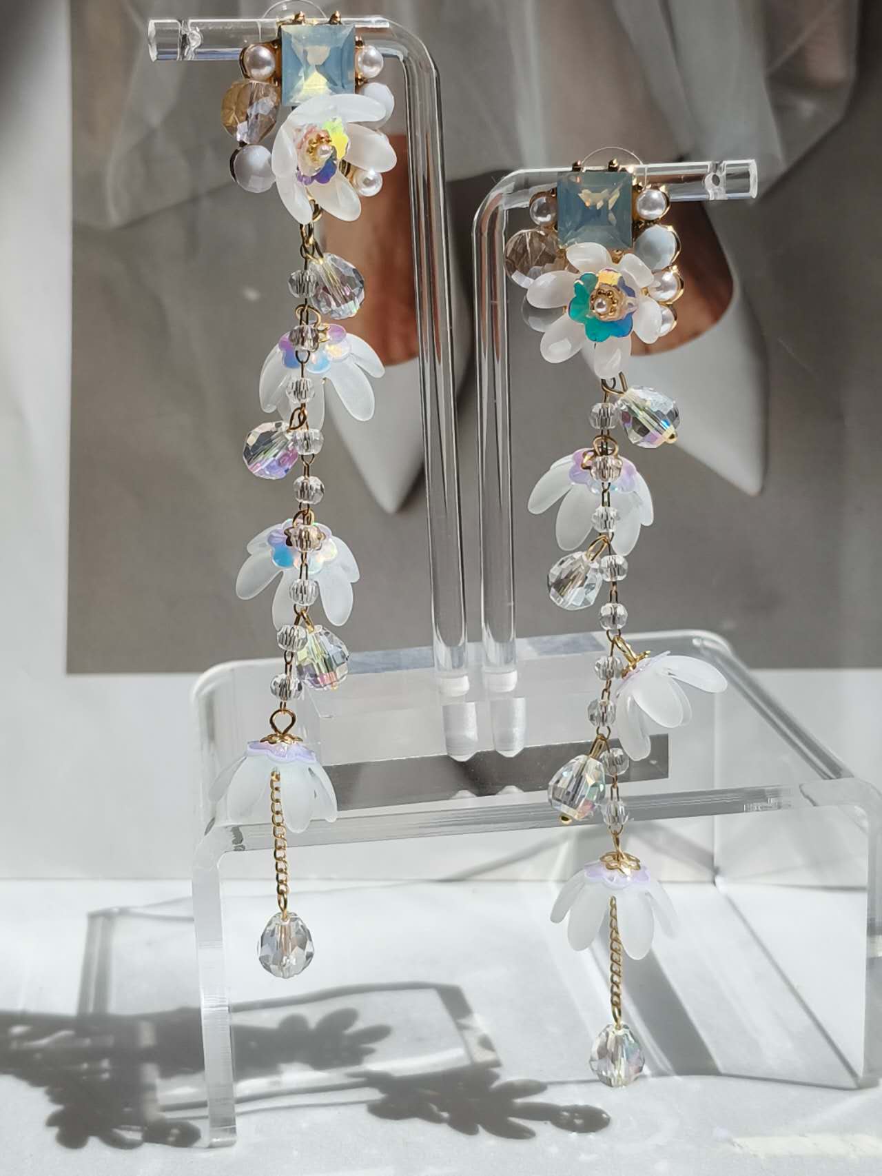 13CM Long White Frosted Flower Crystal Tassel Drop Earrings, Gold Plated Hypoallergenic Dangle Earrings Bridal Wedding Party Bohemian Jewelry