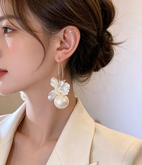 8cm French White Flower Pearl Drop Earrings, 2cm Large Round Pearl Gold Wire Hook Dangle Earrings Hypoallergenic Bridal Wedding Bohemian Jewelry