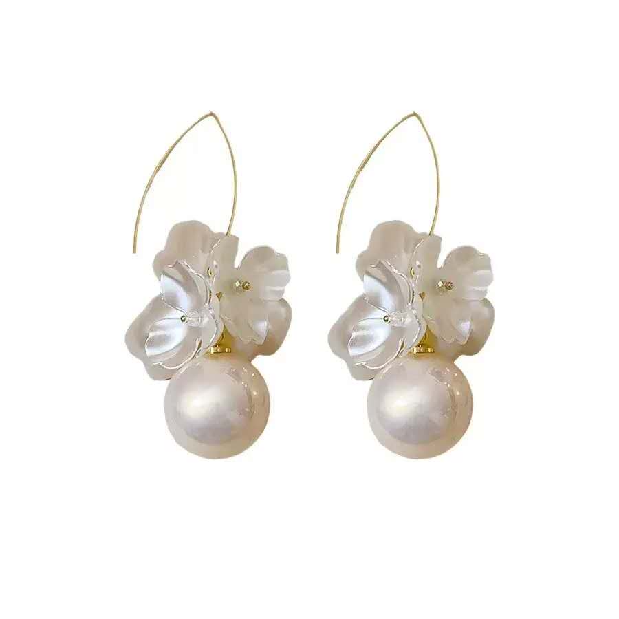 8cm French White Flower Pearl Drop Earrings, 2cm Large Round Pearl Gold Wire Hook Dangle Earrings Hypoallergenic Bridal Wedding Bohemian Jewelry