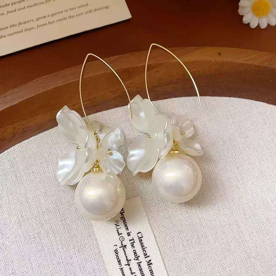 8cm French White Flower Pearl Drop Earrings, 2cm Large Round Pearl Gold Wire Hook Dangle Earrings Hypoallergenic Bridal Wedding Bohemian Jewelry