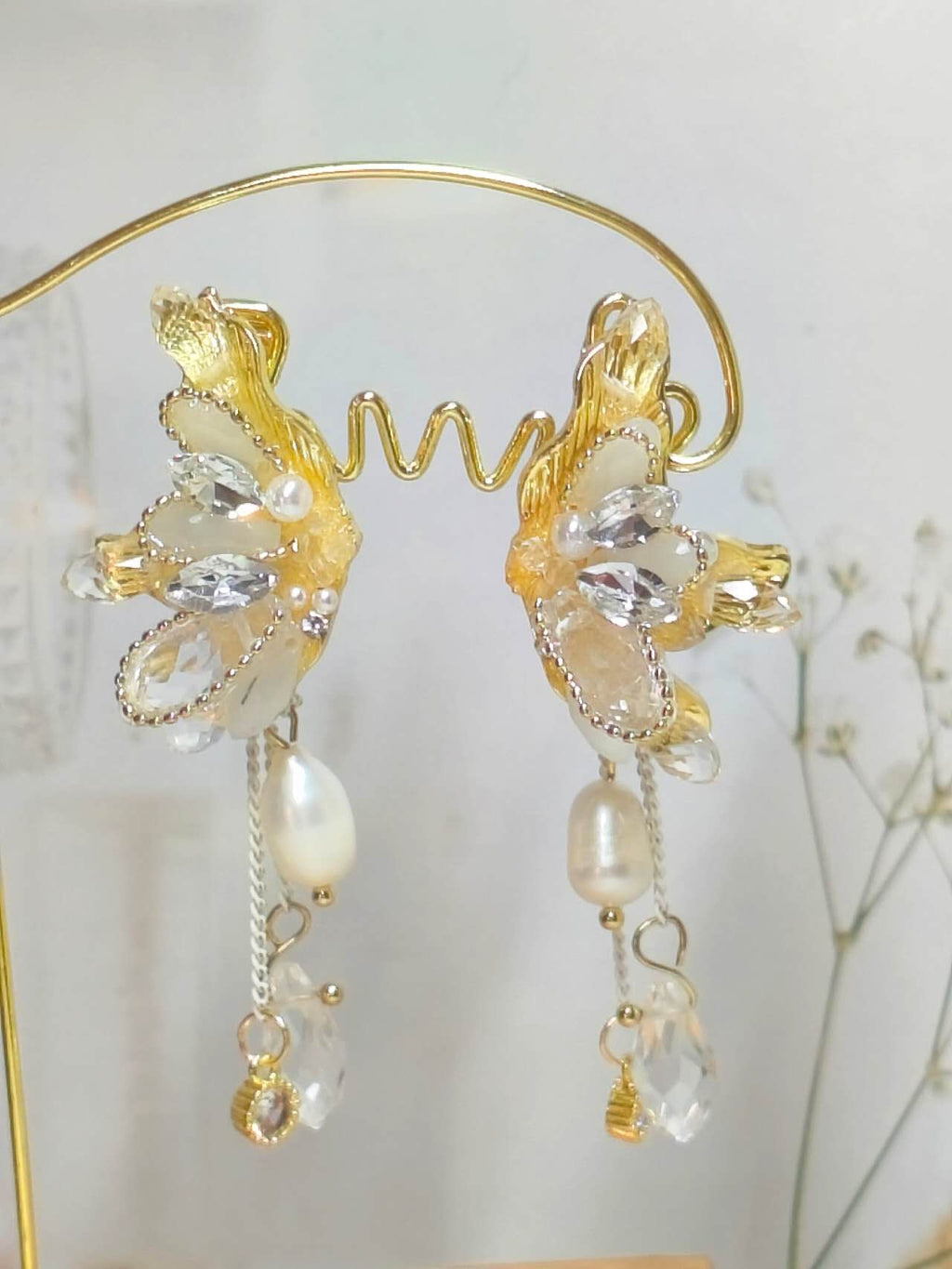 2 Ways Wear Butterfly Wing Crystal Pearl Earrings, Detachable Tassel Chain Dangle Stud Earrings Gold Plated Hypoallergenic Bridal Wedding Jewelry