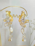 2 Ways Wear Butterfly Wing Crystal Pearl Earrings, Detachable Tassel Chain Dangle Stud Earrings Gold Plated Hypoallergenic Bridal Wedding Jewelry