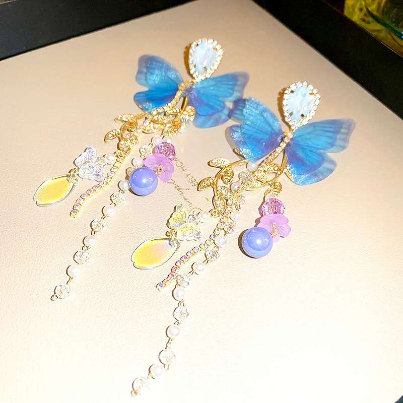 Blue Sheer Butterfly Opal Crystal Tassel Drop Earrings, Multi Bead Chain Long Dangle Earrings Gold Plated Hypoallergenic Women Fairy Wedding Party Jewelry