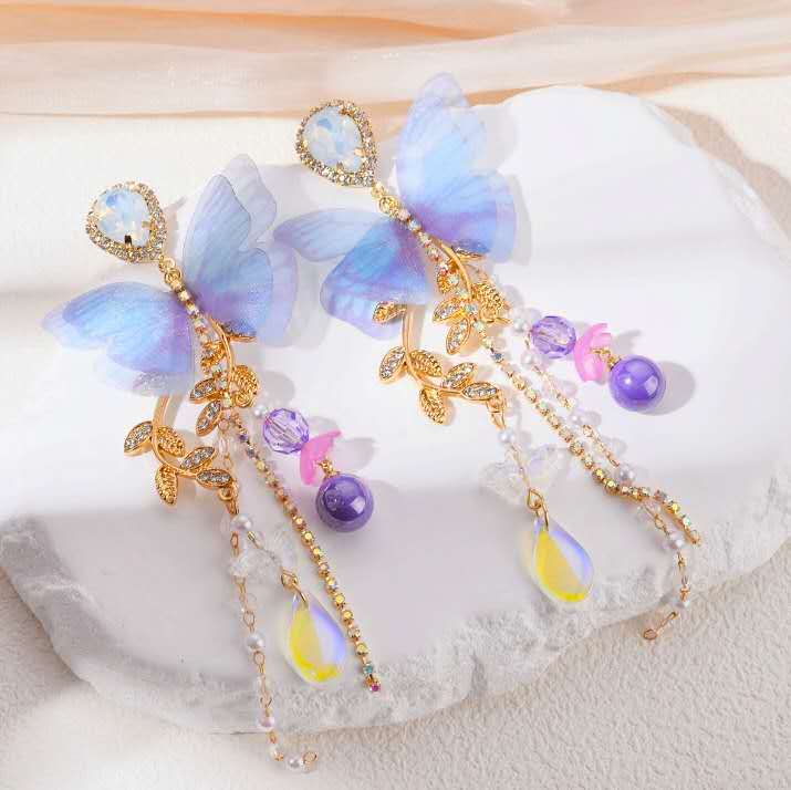 Blue Sheer Butterfly Opal Crystal Tassel Drop Earrings, Multi Bead Chain Long Dangle Earrings Gold Plated Hypoallergenic Women Fairy Wedding Party Jewelry