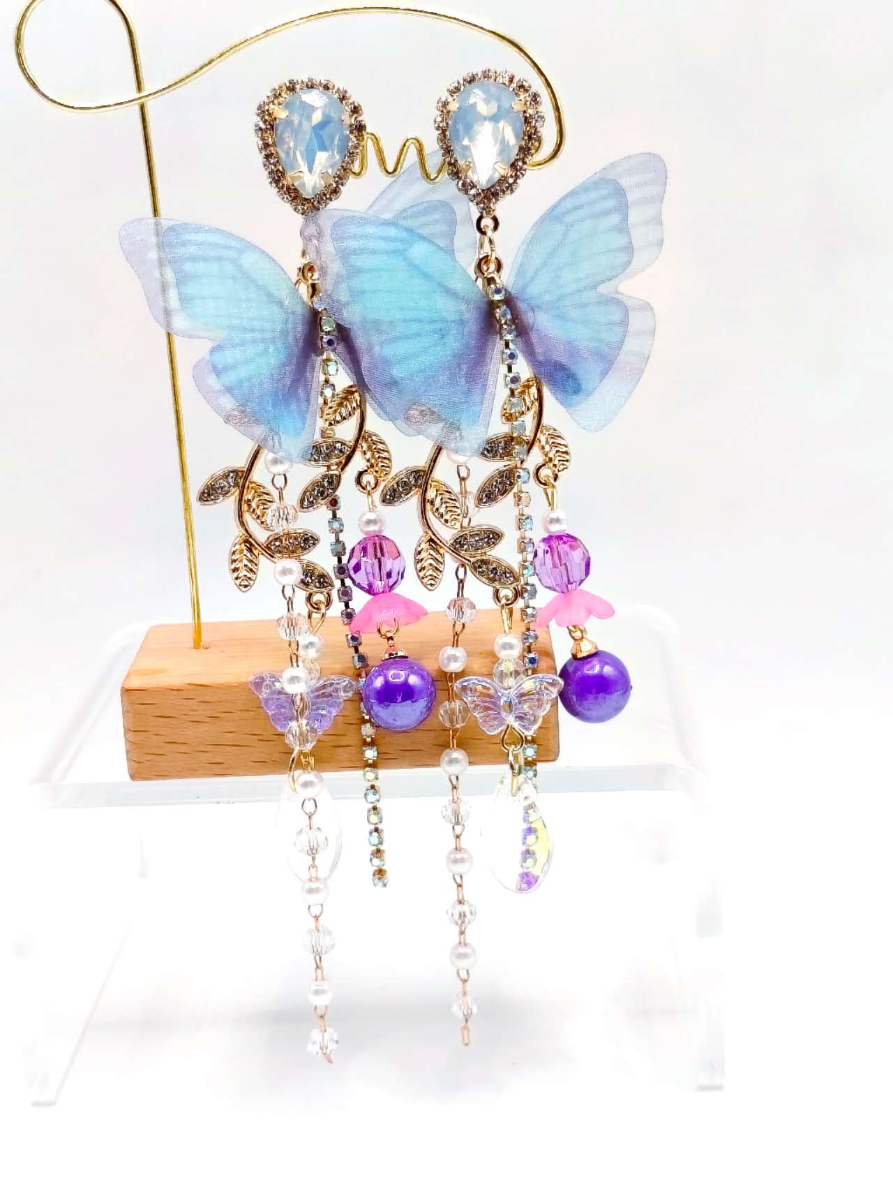 Blue Sheer Butterfly Opal Crystal Tassel Drop Earrings, Multi Bead Chain Long Dangle Earrings Gold Plated Hypoallergenic Women Fairy Wedding Party Jewelry