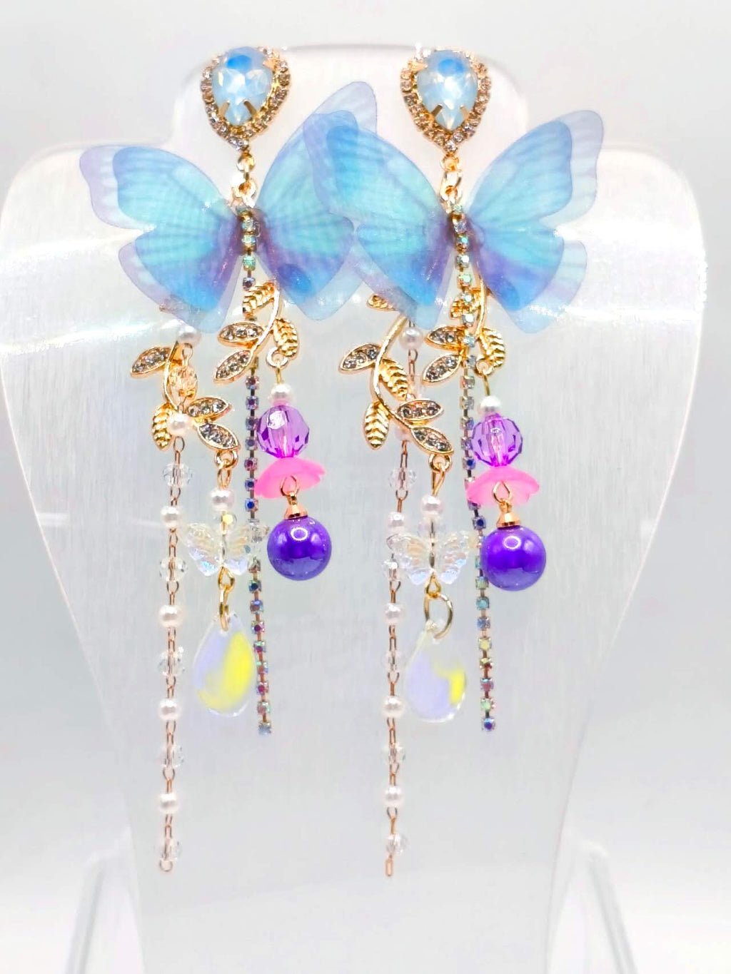 Blue Sheer Butterfly Opal Crystal Tassel Drop Earrings, Multi Bead Chain Long Dangle Earrings Gold Plated Hypoallergenic Women Fairy Wedding Party Jewelry
