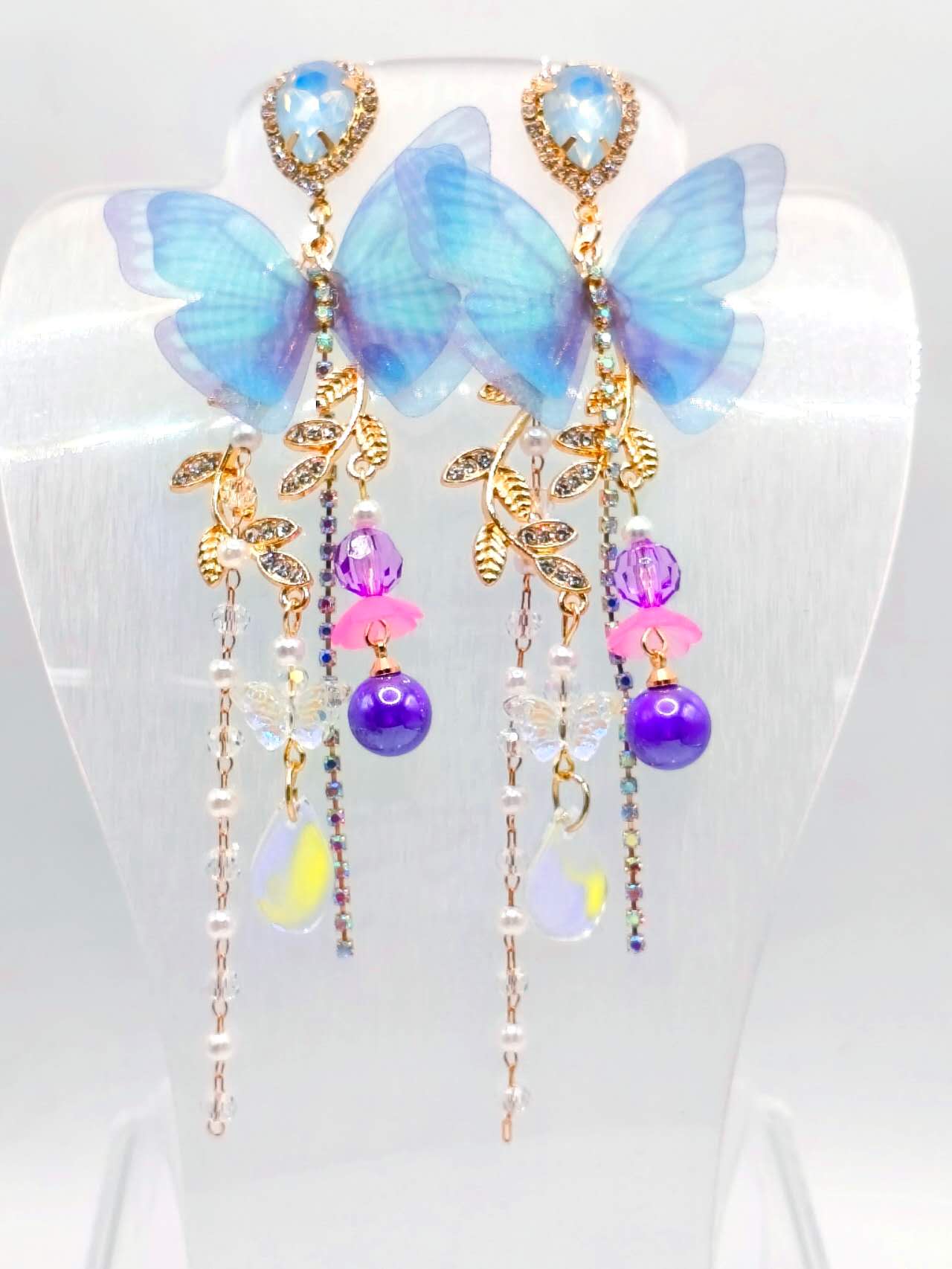 Blue Sheer Butterfly Opal Crystal Tassel Drop Earrings, Multi Bead Chain Long Dangle Earrings Gold Plated Hypoallergenic Women Fairy Wedding Party Jewelry