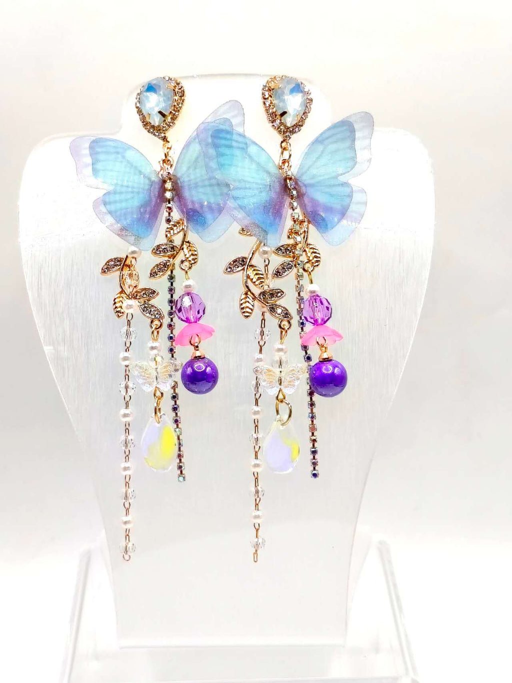 Blue Sheer Butterfly Opal Crystal Tassel Drop Earrings, Multi Bead Chain Long Dangle Earrings Gold Plated Hypoallergenic Women Fairy Wedding Party Jewelry