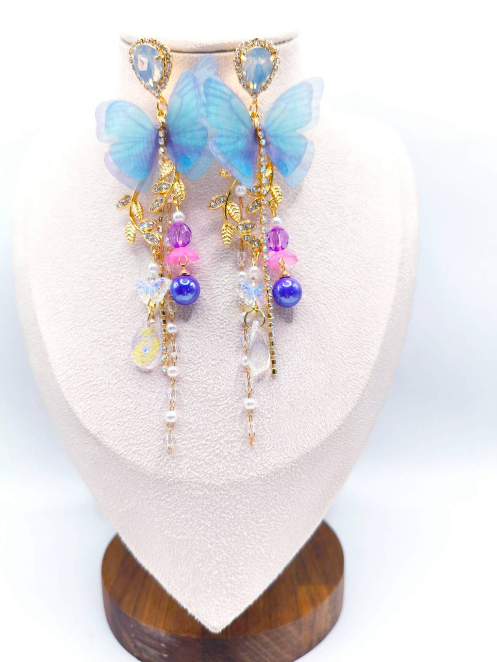 Blue Sheer Butterfly Opal Crystal Tassel Drop Earrings, Multi Bead Chain Long Dangle Earrings Gold Plated Hypoallergenic Women Fairy Wedding Party Jewelry