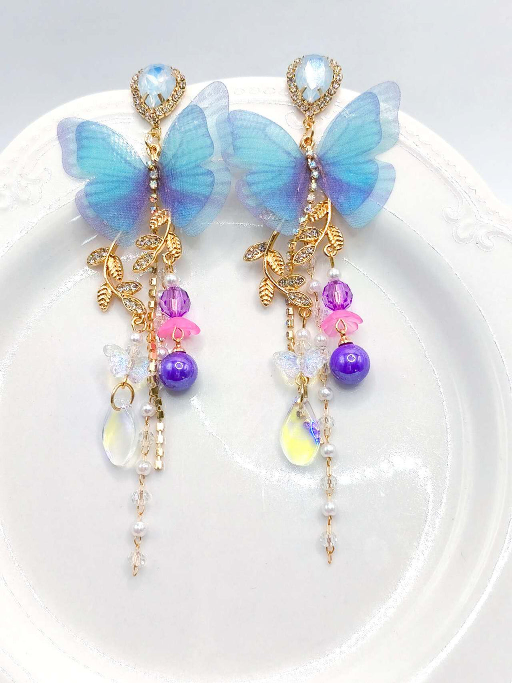 Blue Sheer Butterfly Opal Crystal Tassel Drop Earrings, Multi Bead Chain Long Dangle Earrings Gold Plated Hypoallergenic Women Fairy Wedding Party Jewelry