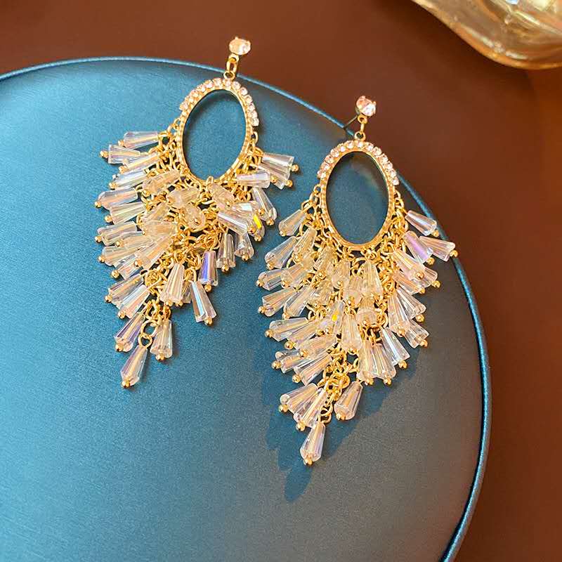 Oval Rhinestone Frame Clear Crystal Tassel Dangle Earrings, Gold Plated Long Waterfall Chandelier Earrings Hypoallergenic Women Wedding Banquet Jewelry
