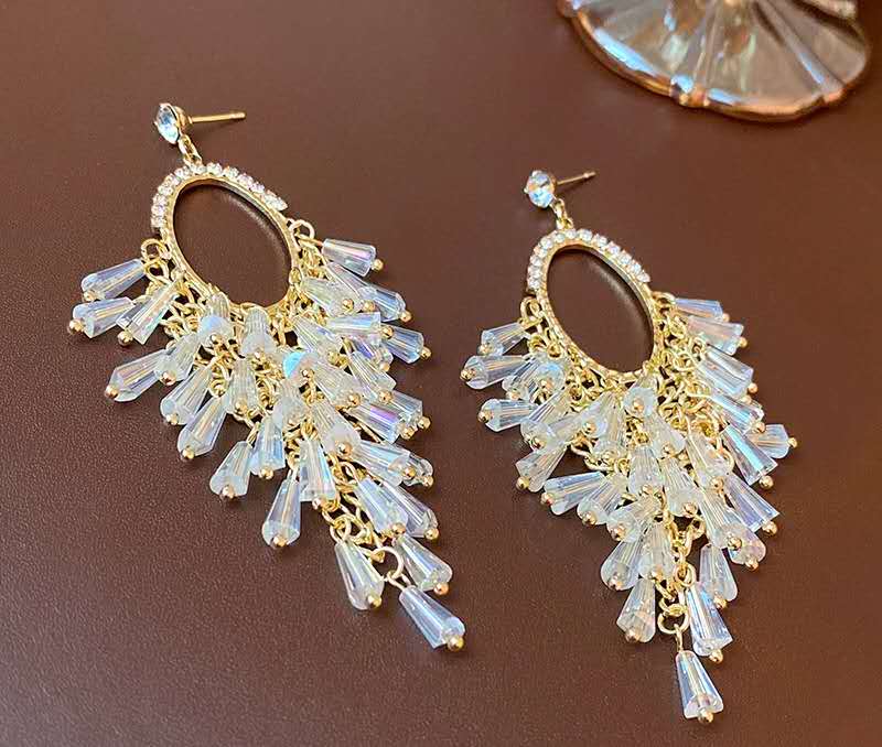 Oval Rhinestone Frame Clear Crystal Tassel Dangle Earrings, Gold Plated Long Waterfall Chandelier Earrings Hypoallergenic Women Wedding Banquet Jewelry