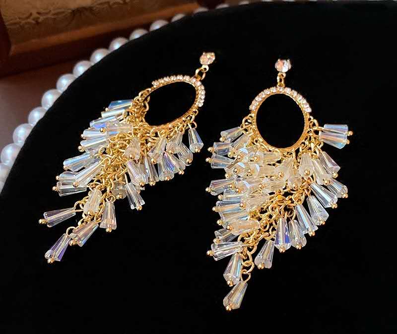 Oval Rhinestone Frame Clear Crystal Tassel Dangle Earrings, Gold Plated Long Waterfall Chandelier Earrings Hypoallergenic Women Wedding Banquet Jewelry