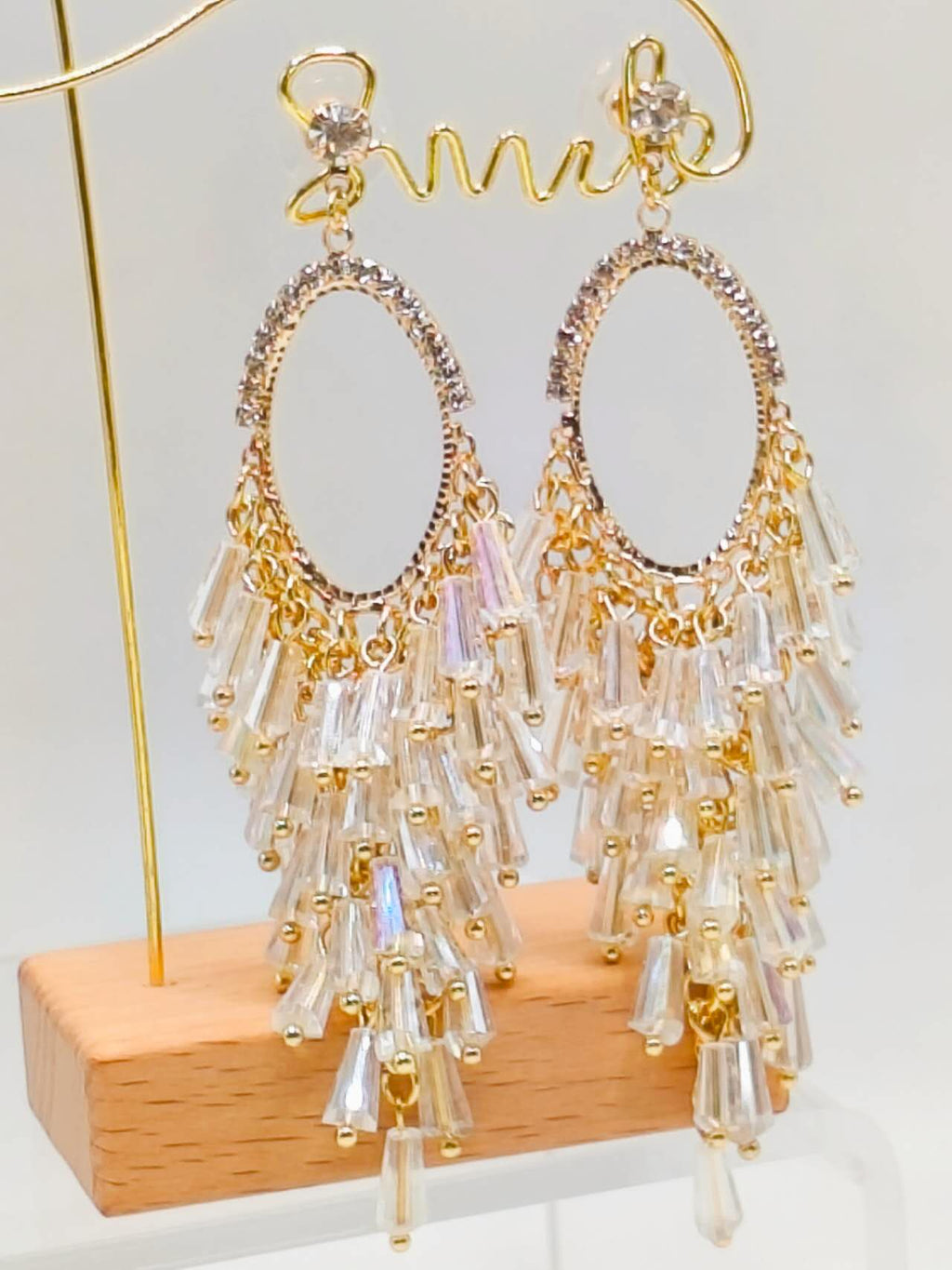 Oval Rhinestone Frame Clear Crystal Tassel Dangle Earrings, Gold Plated Long Waterfall Chandelier Earrings Hypoallergenic Women Wedding Banquet Jewelry