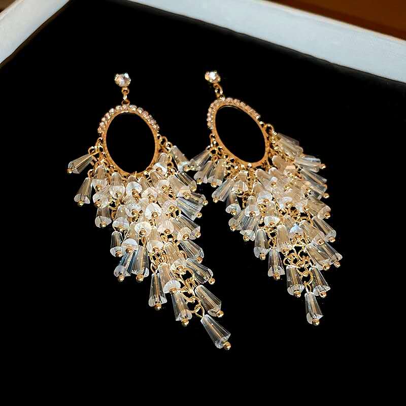 Oval Rhinestone Frame Clear Crystal Tassel Dangle Earrings, Gold Plated Long Waterfall Chandelier Earrings Hypoallergenic Women Wedding Banquet Jewelry