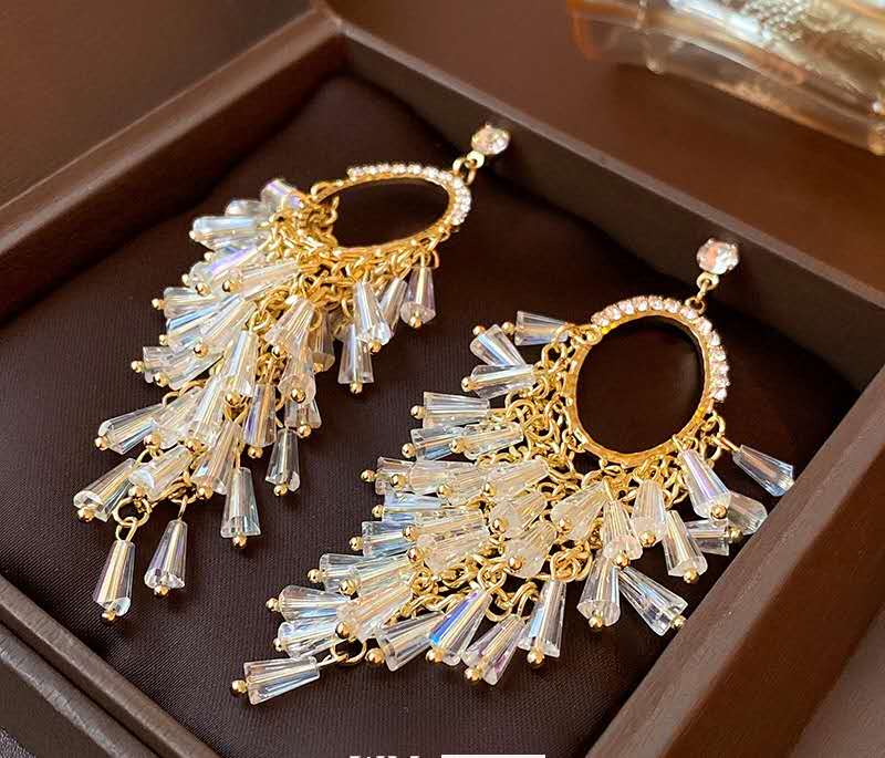 Oval Rhinestone Frame Clear Crystal Tassel Dangle Earrings, Gold Plated Long Waterfall Chandelier Earrings Hypoallergenic Women Wedding Banquet Jewelry