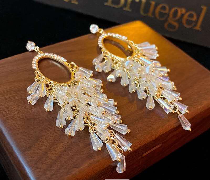 Oval Rhinestone Frame Clear Crystal Tassel Dangle Earrings, Gold Plated Long Waterfall Chandelier Earrings Hypoallergenic Women Wedding Banquet Jewelry