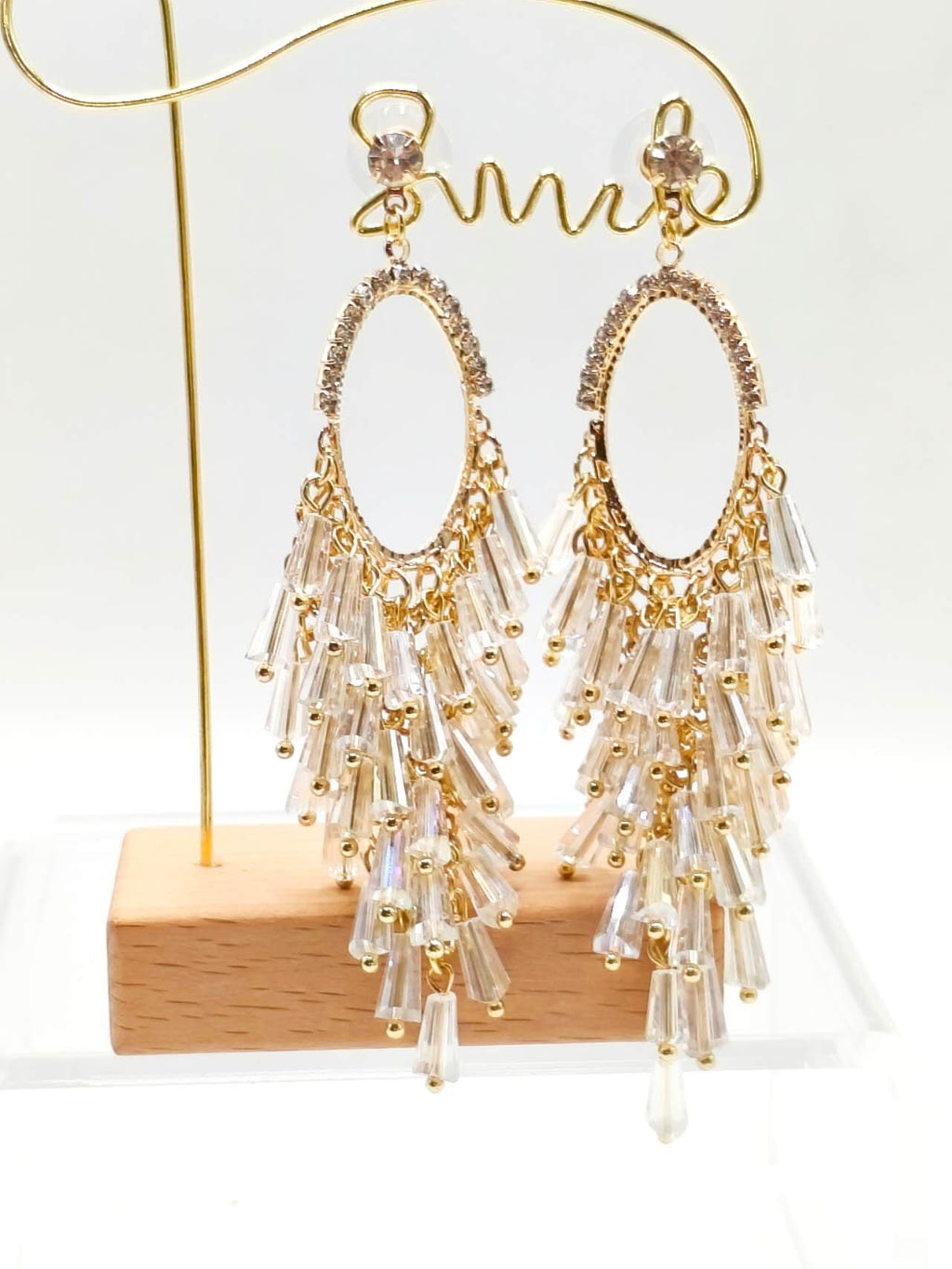 Oval Rhinestone Frame Clear Crystal Tassel Dangle Earrings, Gold Plated Long Waterfall Chandelier Earrings Hypoallergenic Women Wedding Banquet Jewelry