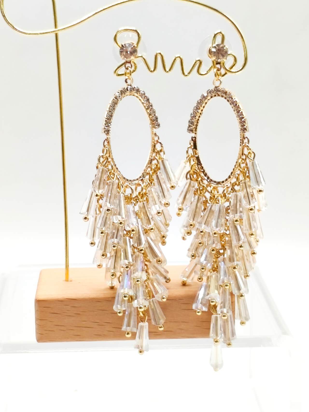 Oval Rhinestone Frame Clear Crystal Tassel Dangle Earrings, Gold Plated Long Waterfall Chandelier Earrings Hypoallergenic Women Wedding Banquet Jewelry
